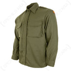 Angled view of an authentic olive green Spanish military shirt showing the left sleeve with an embroidered Spanish flag patch.