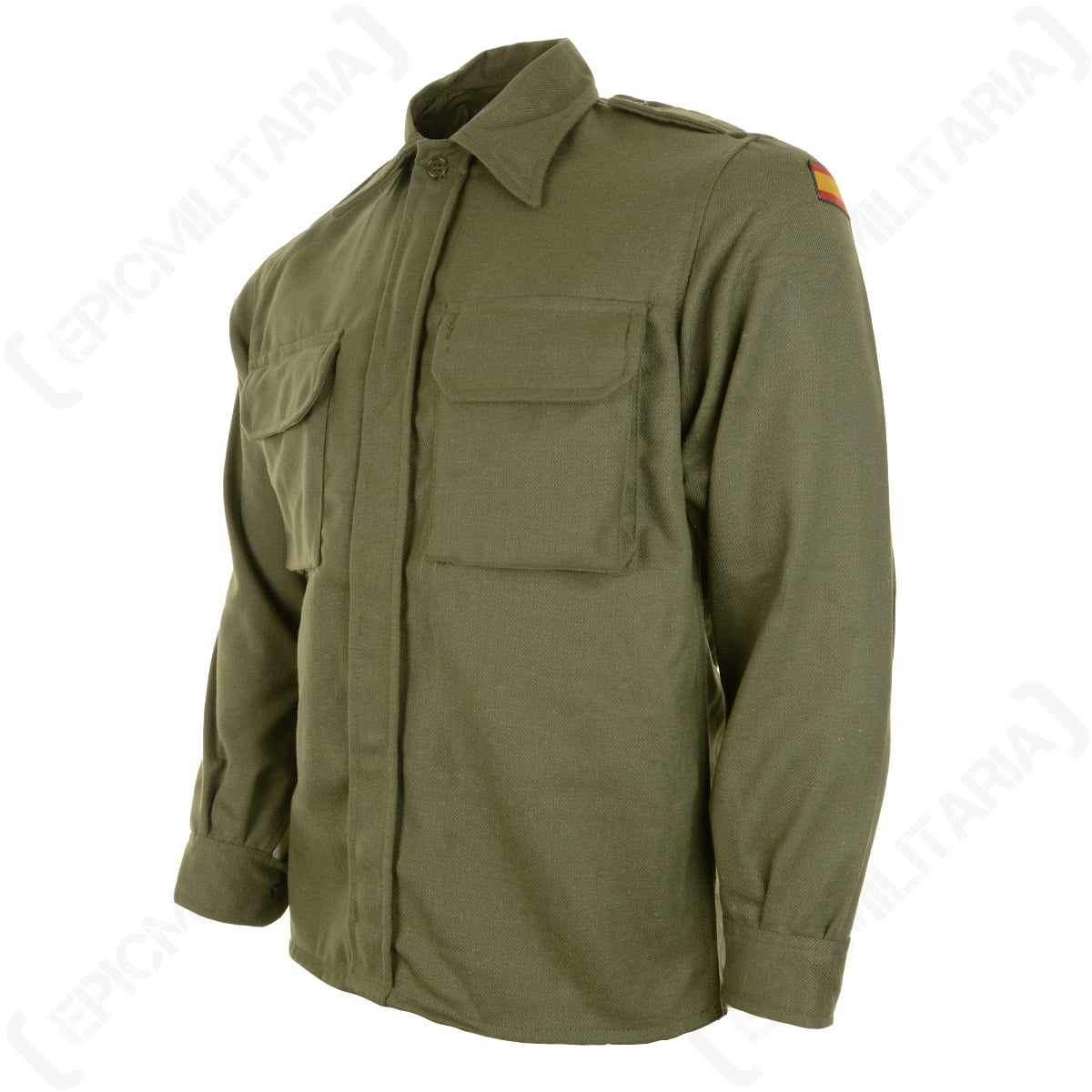 Angled view of an authentic olive green Spanish military shirt showing the left sleeve with an embroidered Spanish flag patch.