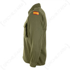 Side profile of the olive green Spanish Army field shirt, highlighting the reinforced elbow patch and the Spanish flag sleeve detail.