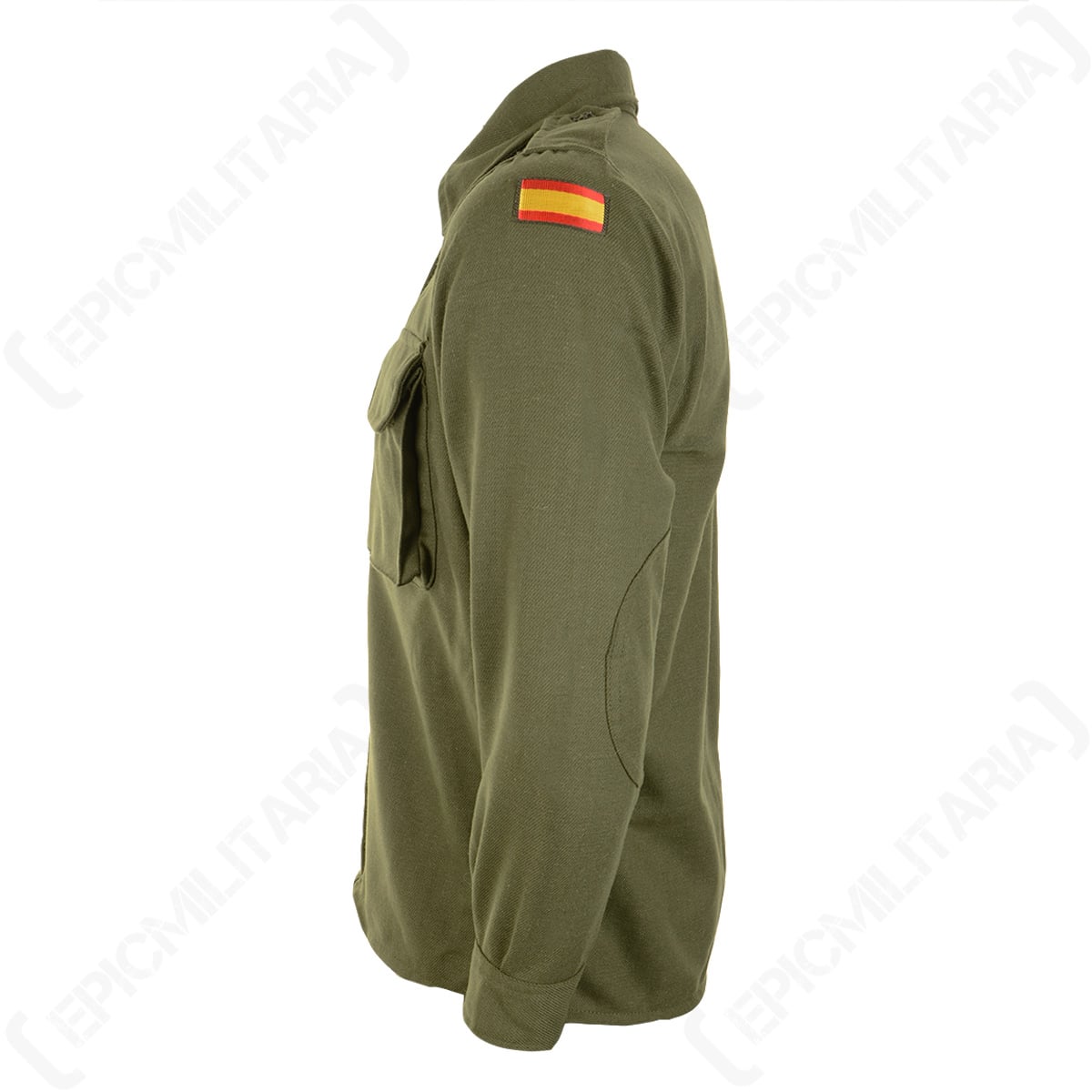 Side profile of the olive green Spanish Army field shirt, highlighting the reinforced elbow patch and the Spanish flag sleeve detail.