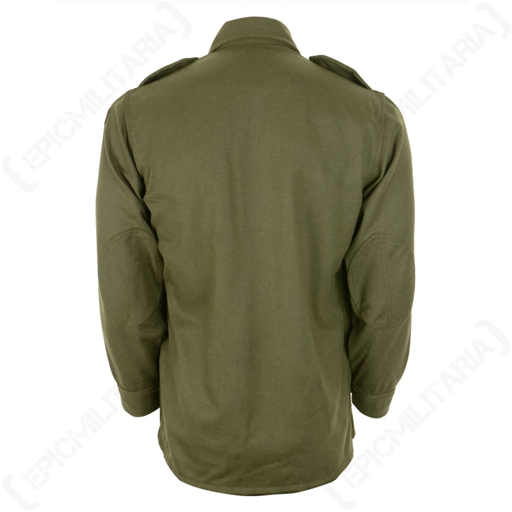 Rear view of the vintage Spanish Army field shirt, displaying the classic military cut and reinforced patches on both elbows.
