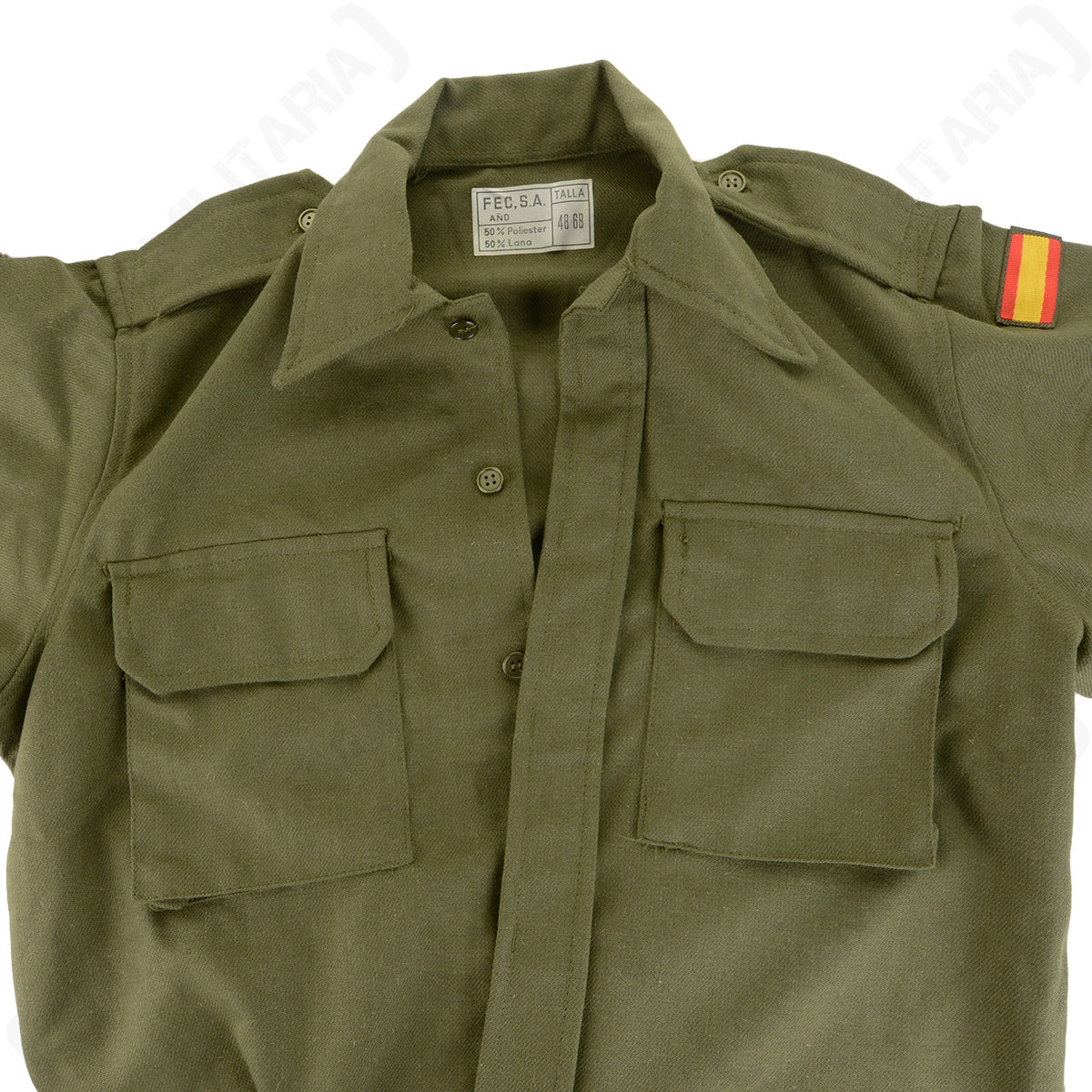 Close-up of the Spanish Army field shirt collar and button placket, showing internal clothing tag details and chest pockets.