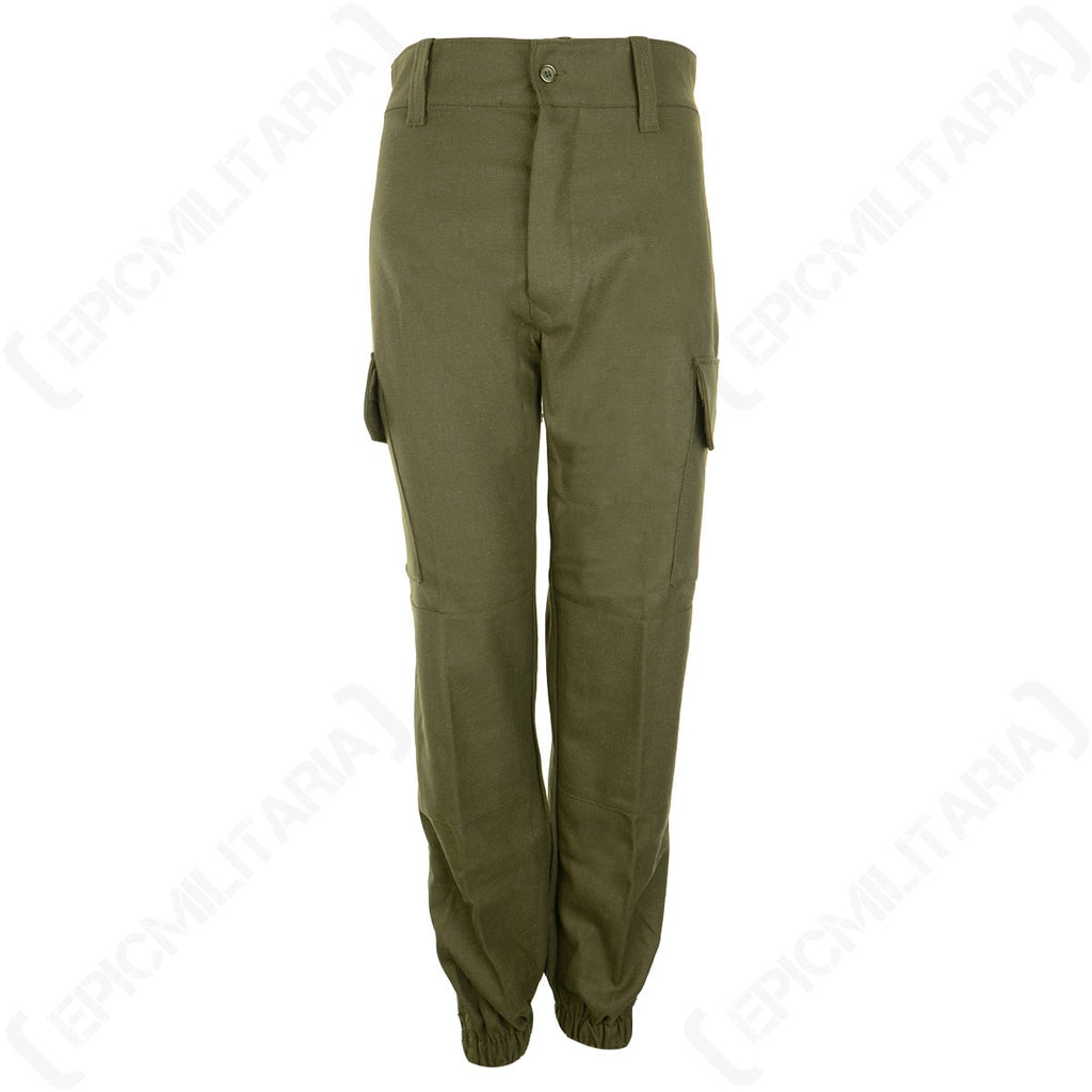 Front view of authentic olive green Spanish Army field trousers, featuring a button fly, belt loops, cargo pockets, and elasticated ankle cuffs.