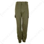 Front view of authentic olive green Spanish Army field trousers, featuring a button fly, belt loops, cargo pockets, and elasticated ankle cuffs.