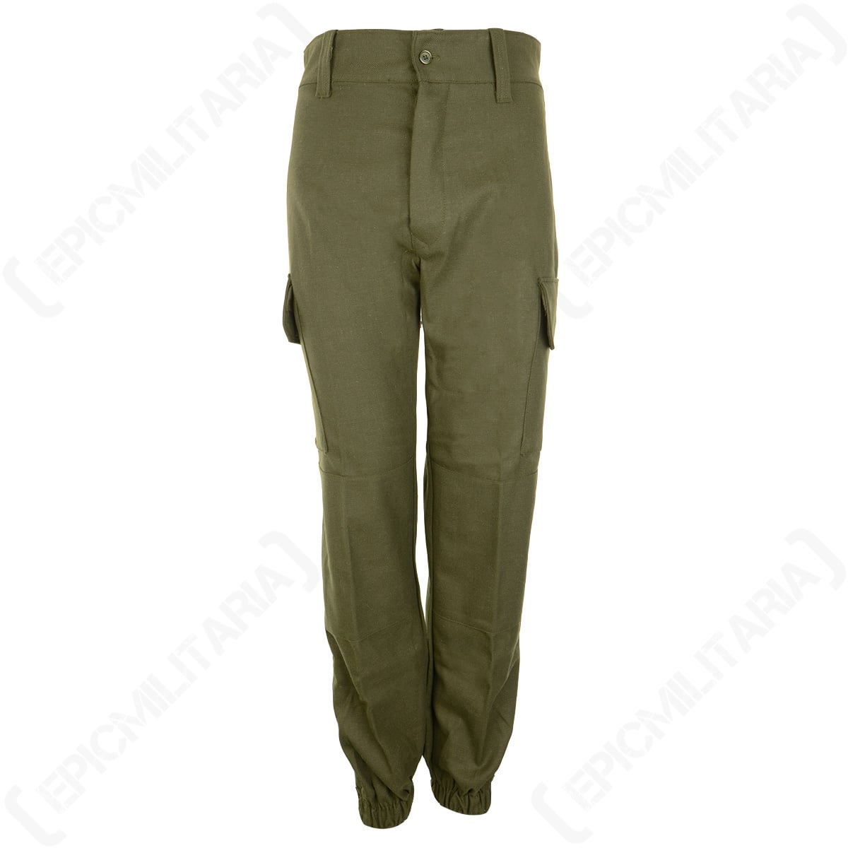 Front view of authentic olive green Spanish Army field trousers, featuring a button fly, belt loops, cargo pockets, and elasticated ankle cuffs.