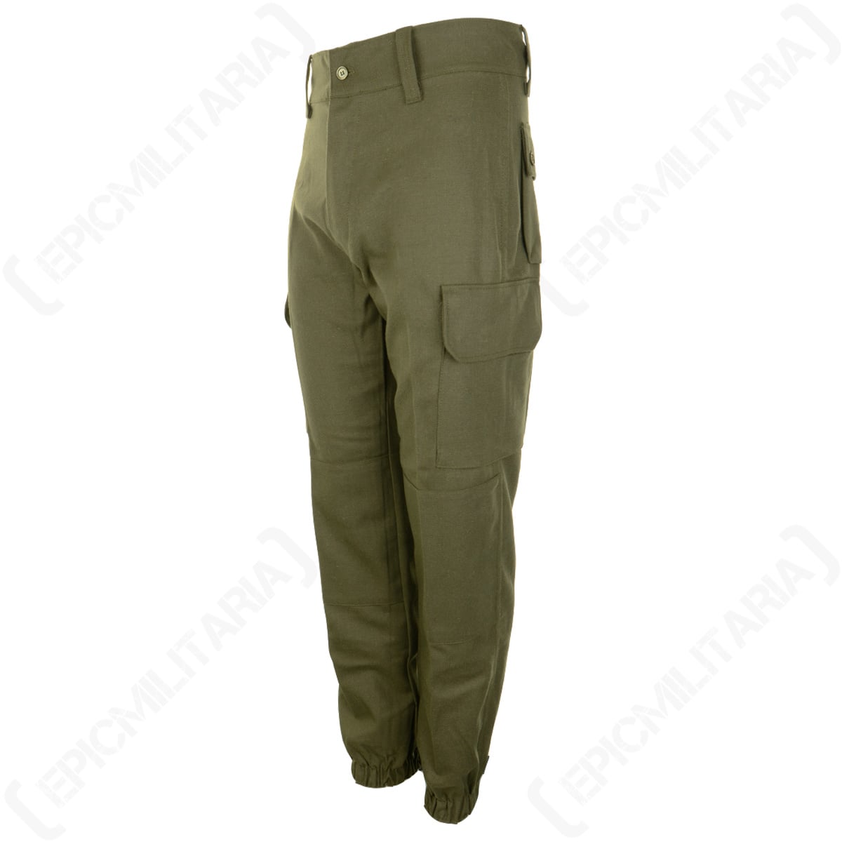 Three-quarter angle of military surplus Spanish Army field trousers, highlighting the durable cotton twill fabric and side cargo pocket design.