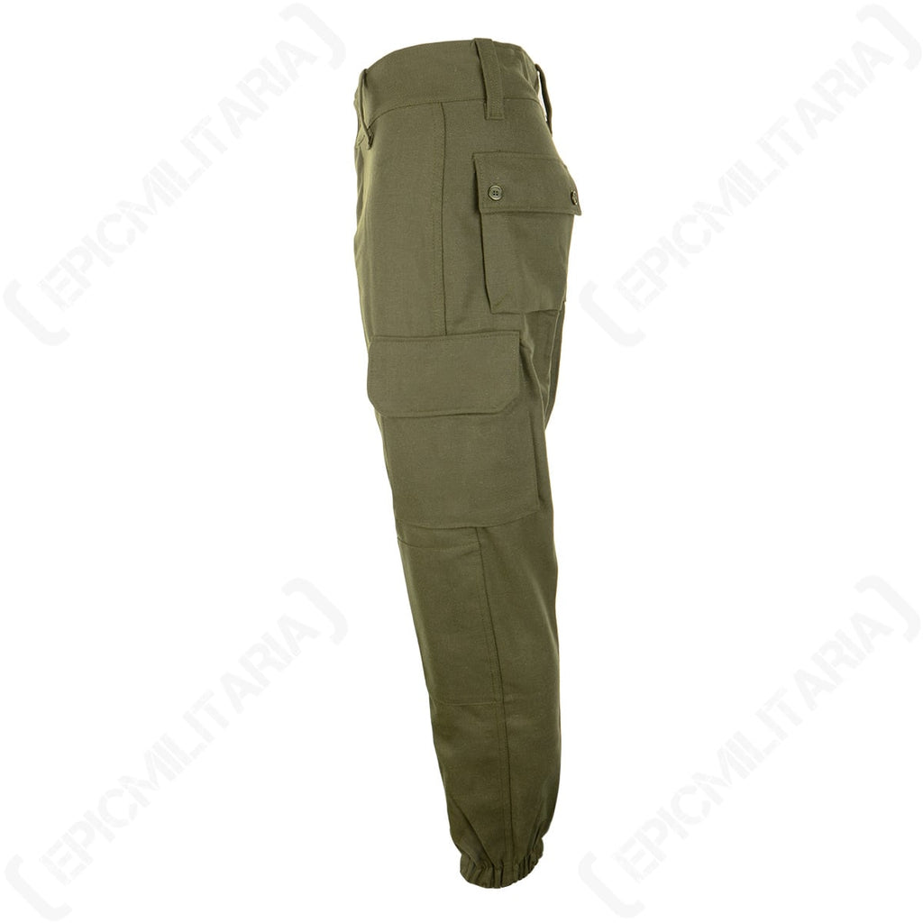 Side profile of Spanish Army field trousers, displaying the large button-down thigh cargo pocket and sturdy construction suitable for outdoor workwear.