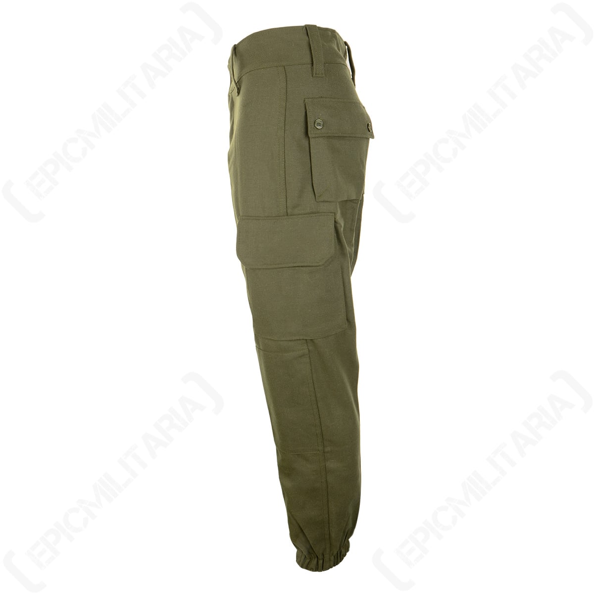 Side profile of Spanish Army field trousers, displaying the large button-down thigh cargo pocket and sturdy construction suitable for outdoor workwear.
