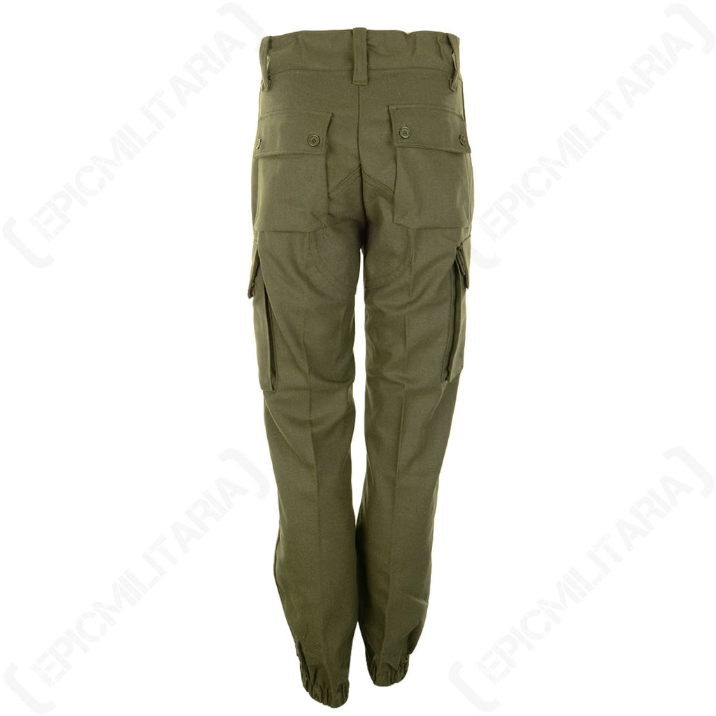 Rear view of genuine Spanish Army field trousers, showing the two secure buttoned flap pockets and elasticated cuffs in a classic military olive green.