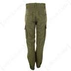 Rear view of genuine Spanish Army field trousers, showing the two secure buttoned flap pockets and elasticated cuffs in a classic military olive green.