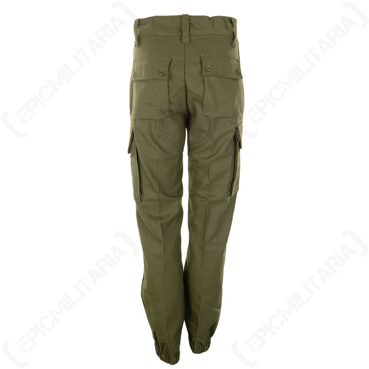 Rear view of genuine Spanish Army field trousers, showing the two secure buttoned flap pockets and elasticated cuffs in a classic military olive green.