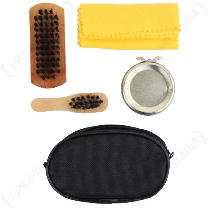 Top view of clear shoe polish kit components with black zipped pouch