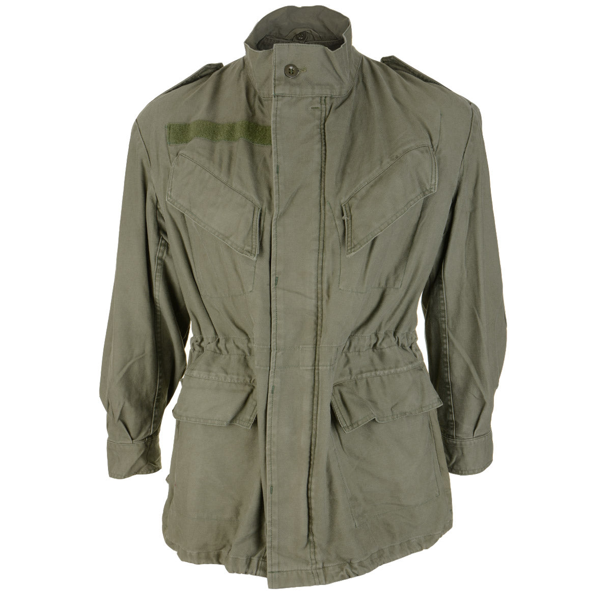 Front view of the original Belgian Army M88 olive green field jacket with four utility pockets, button-fastened wind flap, and internal waist drawstring.