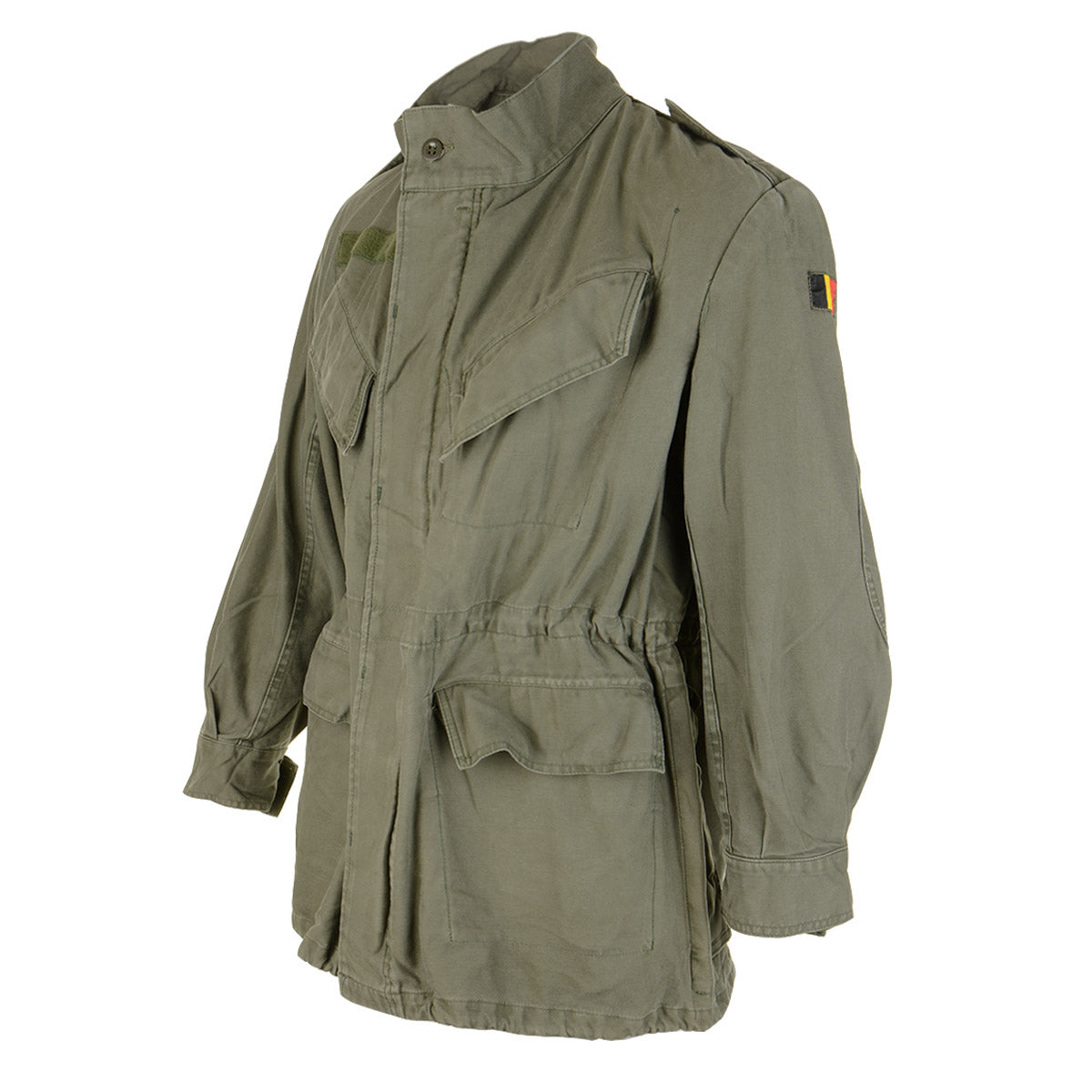 Three-quarter front view of the olive green M88 Belgian military field jacket featuring a distinct Belgian flag patch on the upper left arm.