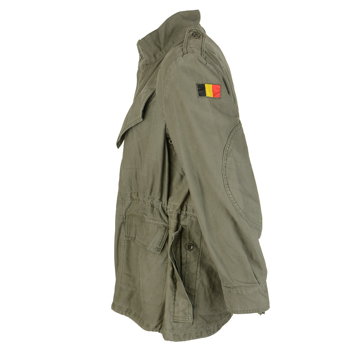 Side profile of the Belgian M88 olive green field jacket showing the reinforced elbow padding and shoulder construction.