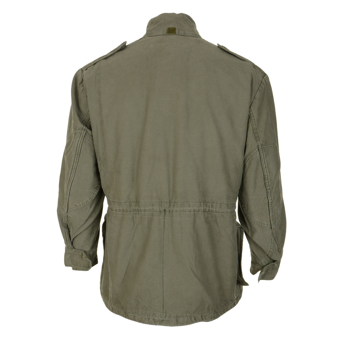 Back view of the vintage Belgian Army M88 field jacket, displaying the robust cotton canvas construction and rear silhouette.