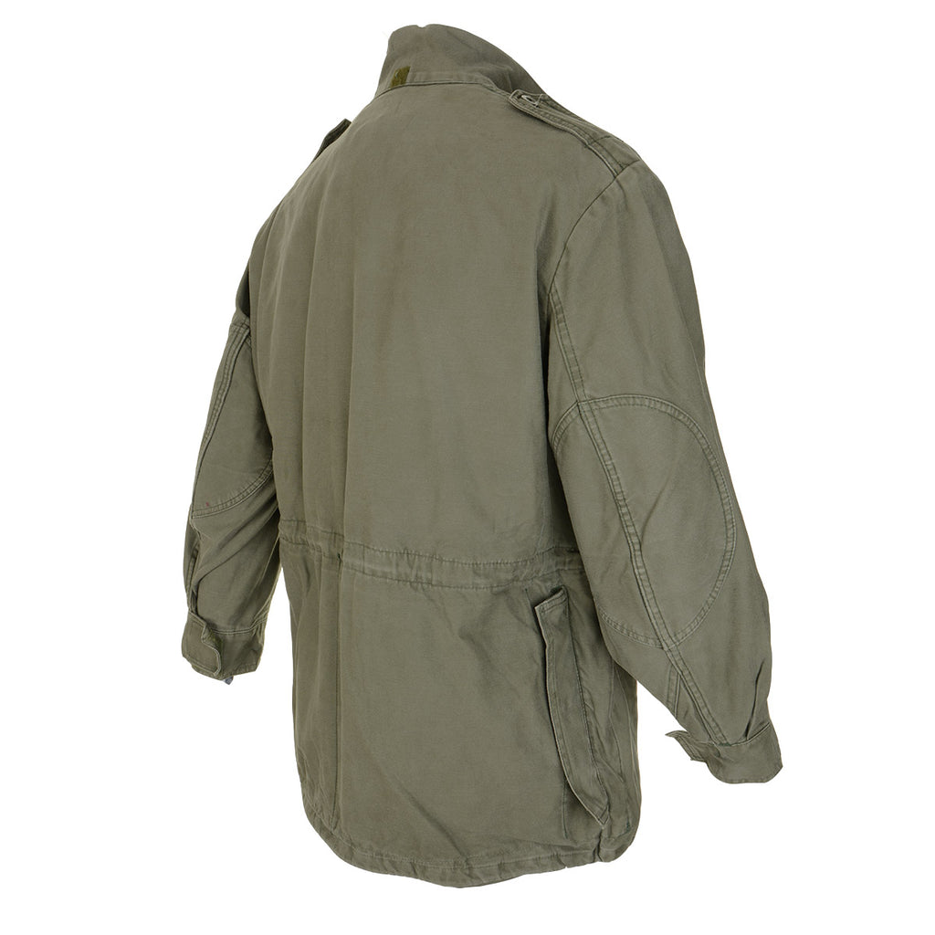 Rear three-quarter view of the M88 Belgian military surplus jacket, highlighting the durable rear panel and tailored shoulder fit.