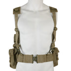 Front view of the SADF 70 Pattern military webbing on a mannequin, highlighting the adjustable canvas belt, metal buckle, and shoulder suspender setup.