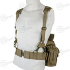 Three-quarter front view of the original SADF 70 Pattern webbing, displaying the Y-strap harness attachment points and metallic hardware on the heavy canvas belt.