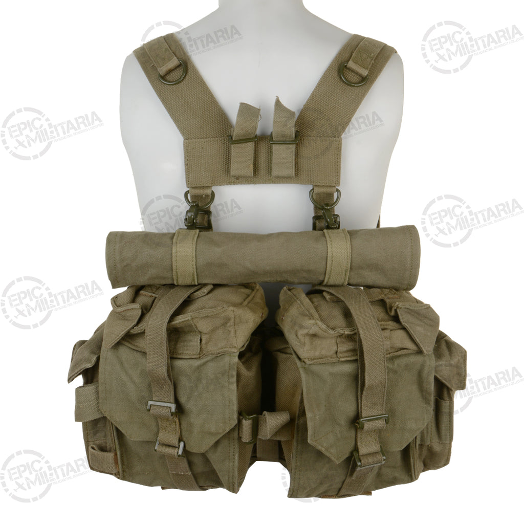 Rear close-up of the SADF 70 Pattern load carriage system, showing the rugged stitching, reinforced D-rings, and the attached poncho roll gear strap.