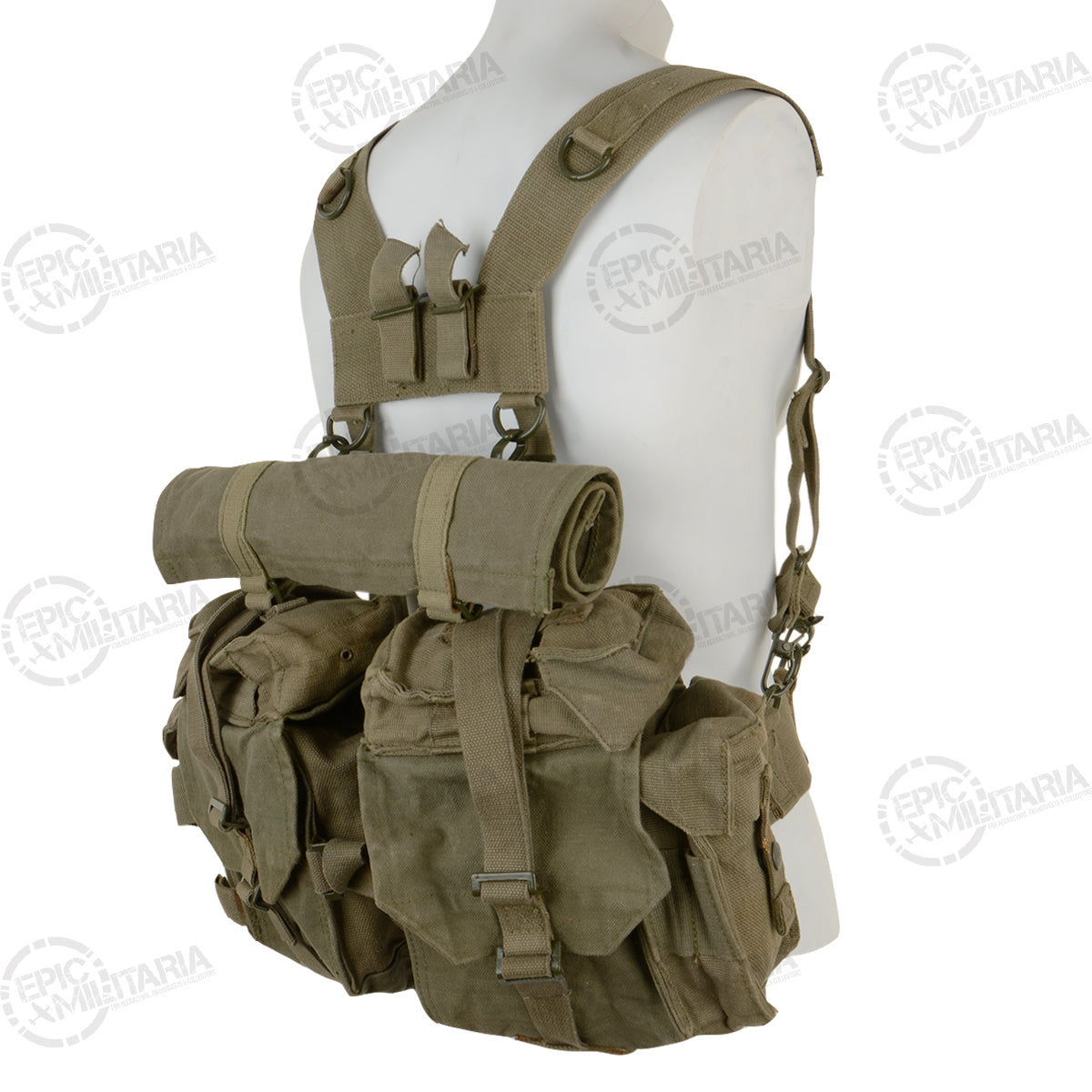Rear view of South African SADF 70 Pattern Webbing showing the Y-strap harness, heavy canvas kidney pouches, and integrated bedroll strap system.