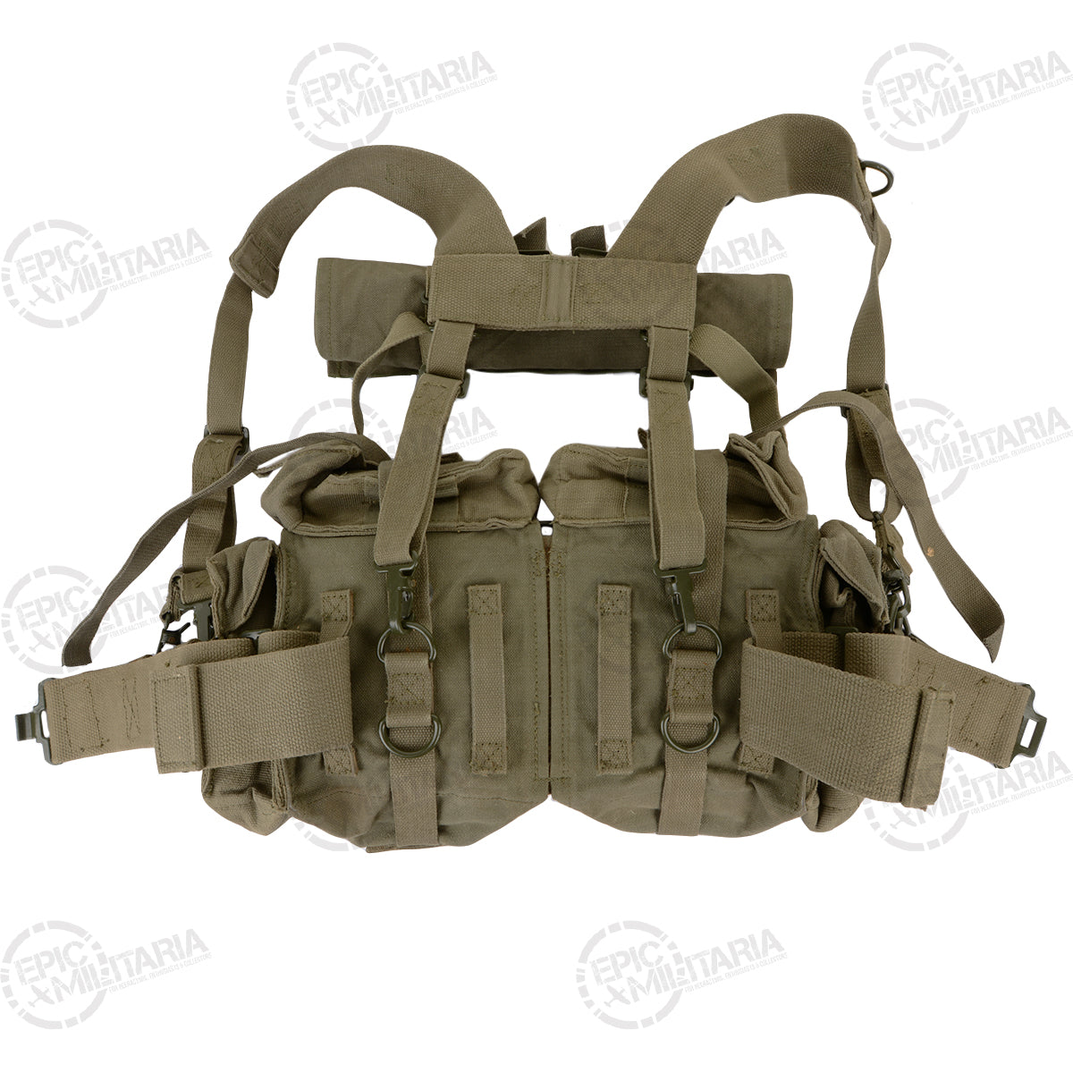 Top-down view of the SADF 70 Pattern webbing set laid flat, revealing the interconnected harness, belt system, and multiple modular kidney pouch compartments.
