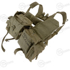Close-up detail of SADF 70 Pattern webbing pouch featuring authentic hand-inked service numbers and soldier identification for historical character.