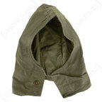 Original olive drab US M43 Army cotton hood, featuring a button-up front closure and adjustable drawstring for a snug, weather-resistant fit.