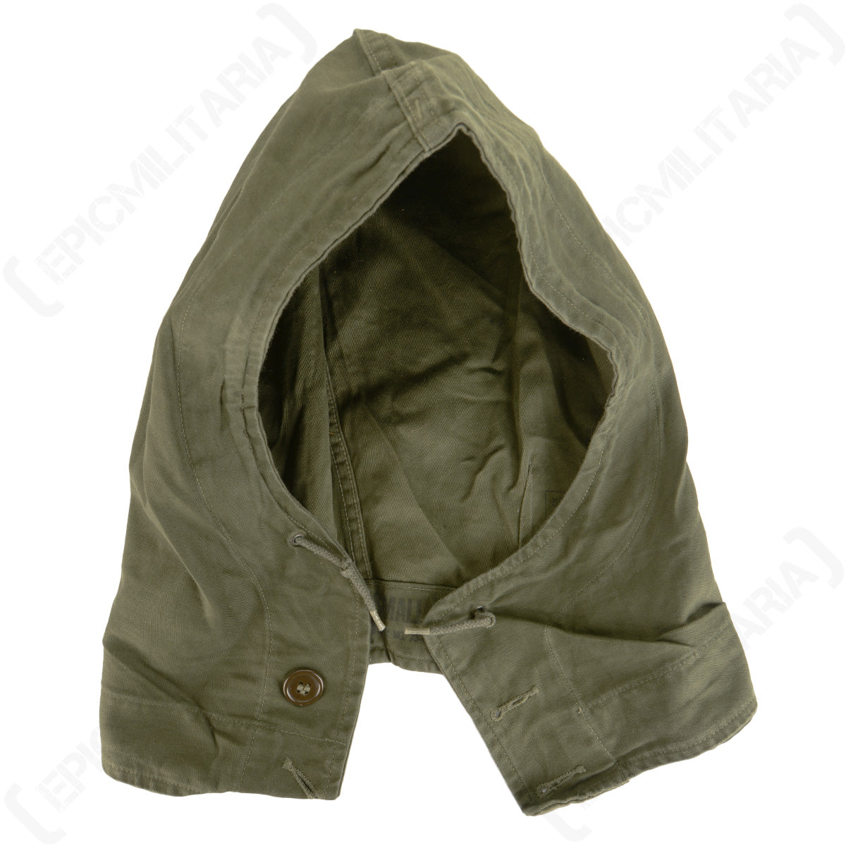 Original olive drab US M43 Army cotton hood, featuring a button-up front closure and adjustable drawstring for a snug, weather-resistant fit.