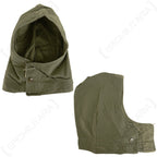 Two angles of the surplus US M43 field jacket hood, showing the durable cotton construction, button fasteners, and adjustable drawstring opening.