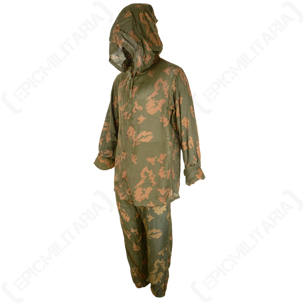 Side profile of the Russian KZS camouflage suit displaying the hood design and lightweight mesh fabric.