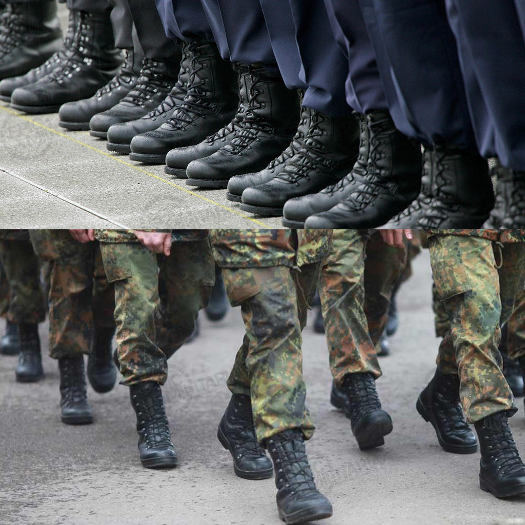 Soldiers in camouflage uniforms marching, demonstrating the functional use of black German Army combat boots.
