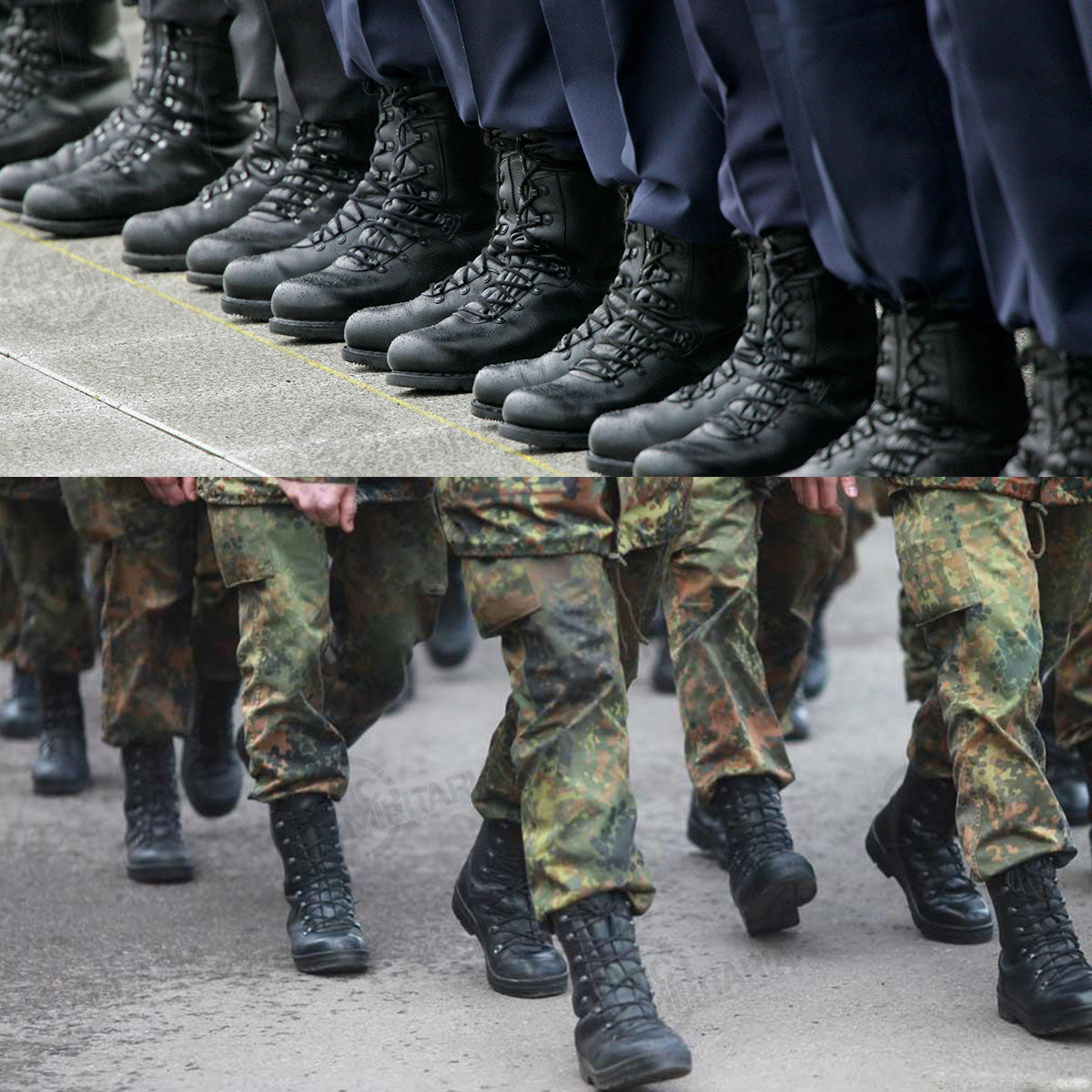 Soldiers in camouflage uniforms marching, demonstrating the functional use of black German Army combat boots.