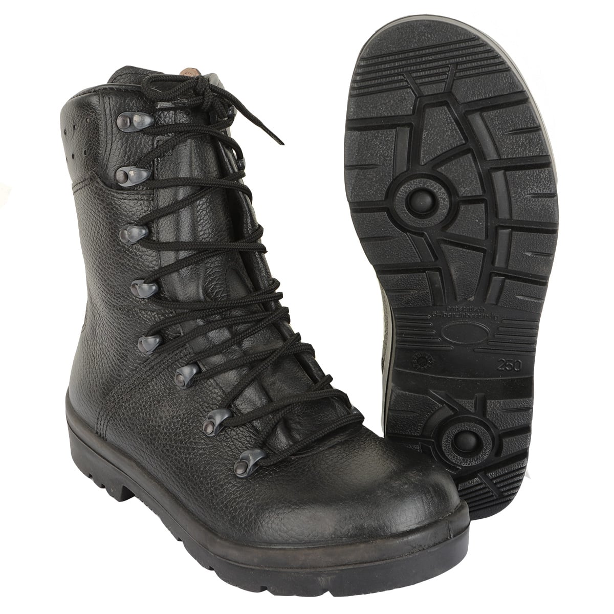 German Army combat boot with textured black leather upper and durable moulded rubber sole.