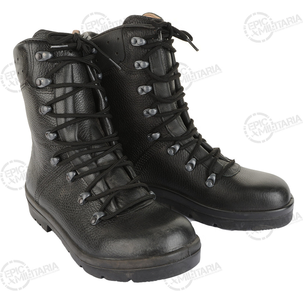 Pair of black leather German Army combat boots showcasing the 8-hook speed-lace system.