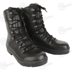 Pair of black leather German Army combat boots showcasing the 8-hook speed-lace system.