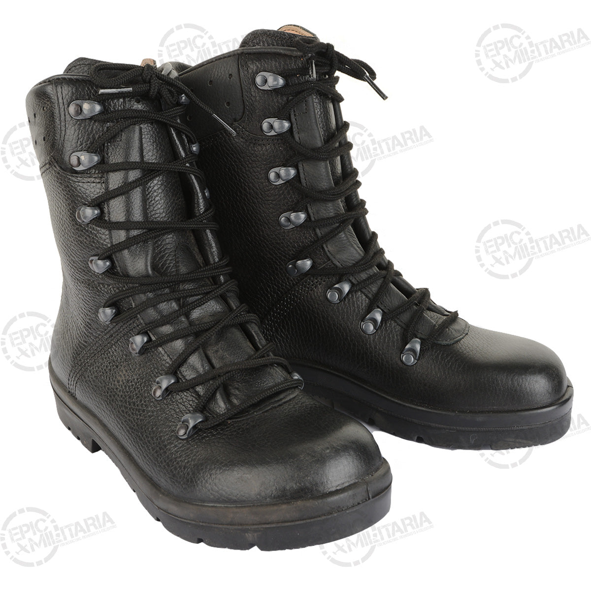 Pair of black leather German Army combat boots showcasing the 8-hook speed-lace system.
