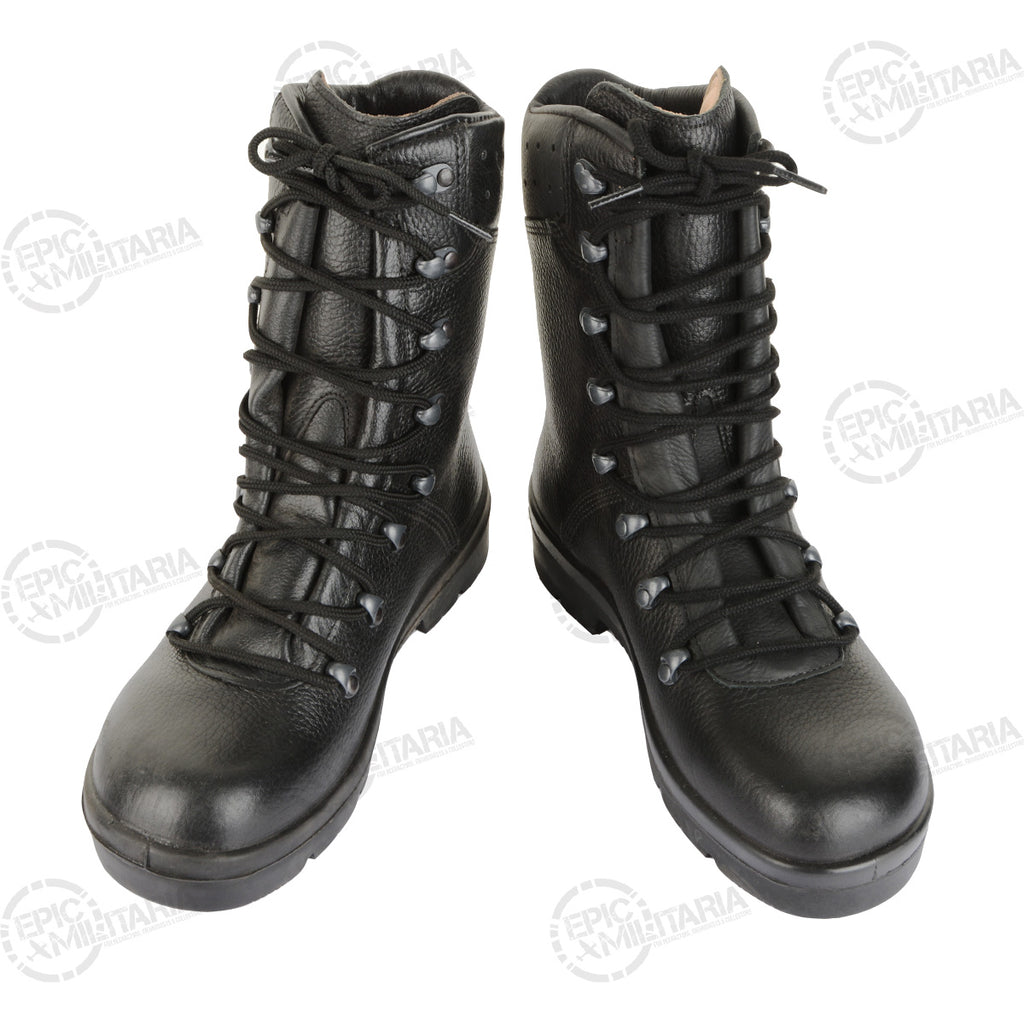 Front-facing view of a pair of German Army combat boots with black laces and robust ankle support.