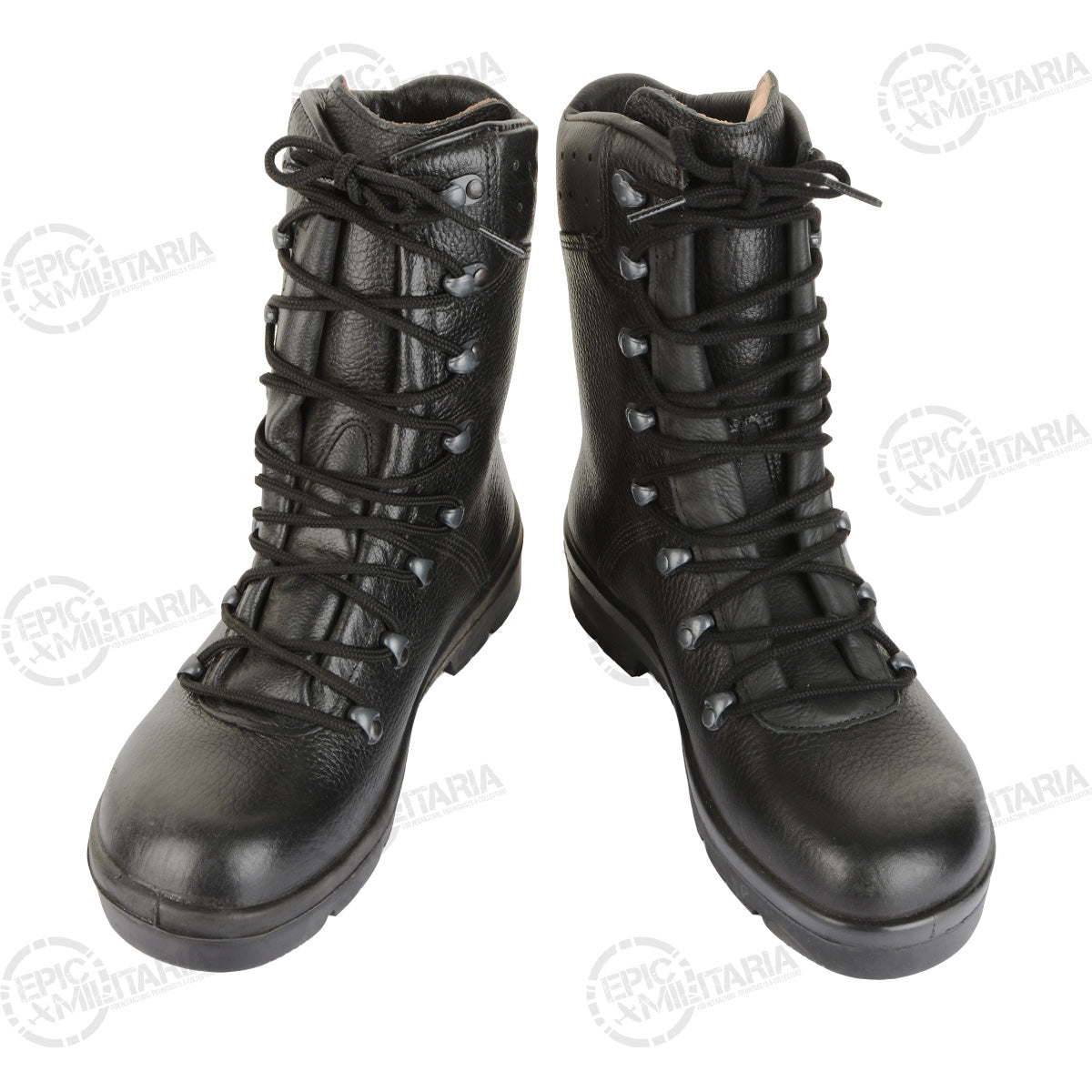 Front-facing view of a pair of German Army combat boots with black laces and robust ankle support.