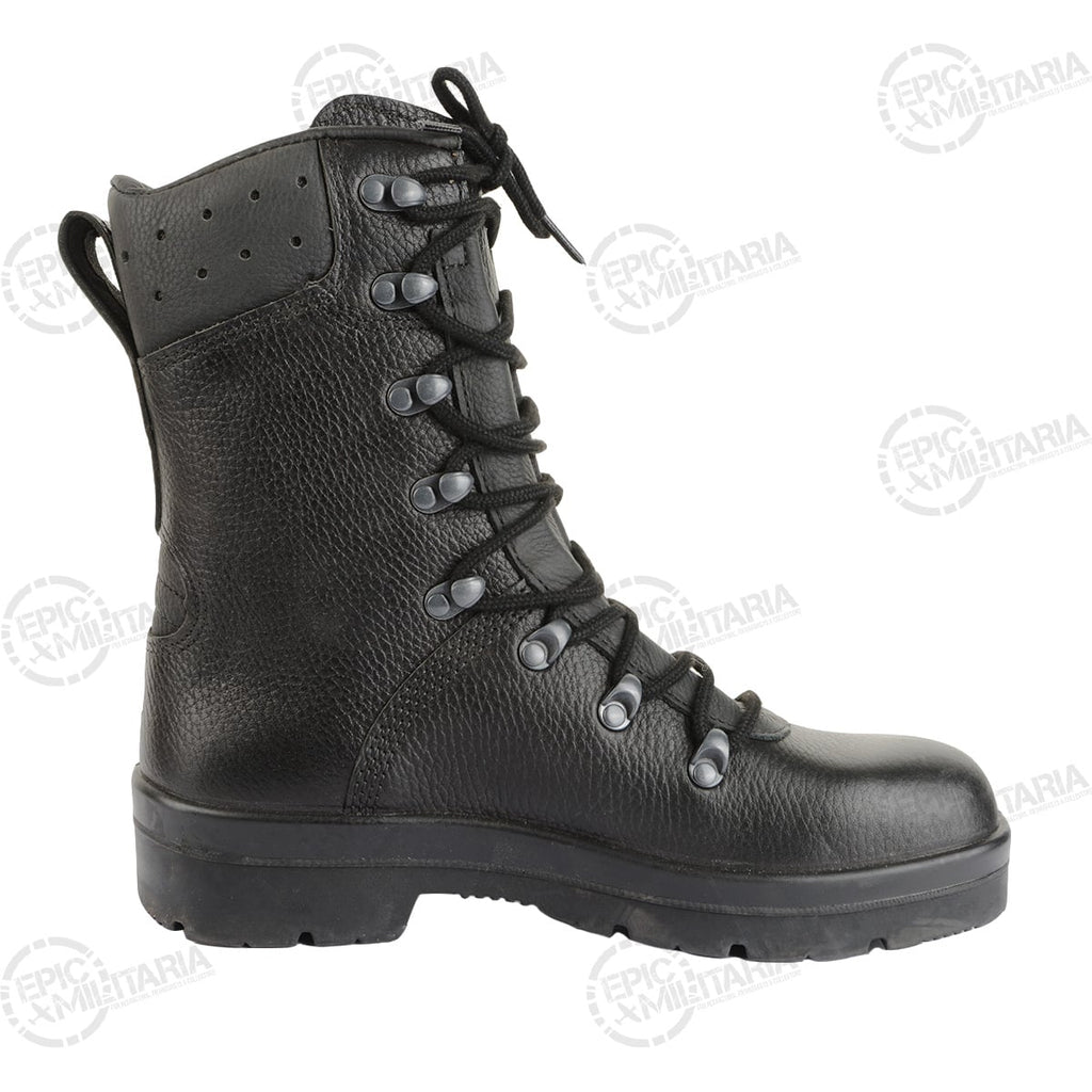 Outer side view of a black German Army combat boot showing the speed-lace hooks and high-cut ankle support.