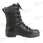 Outer side view of a black German Army combat boot showing the speed-lace hooks and high-cut ankle support.