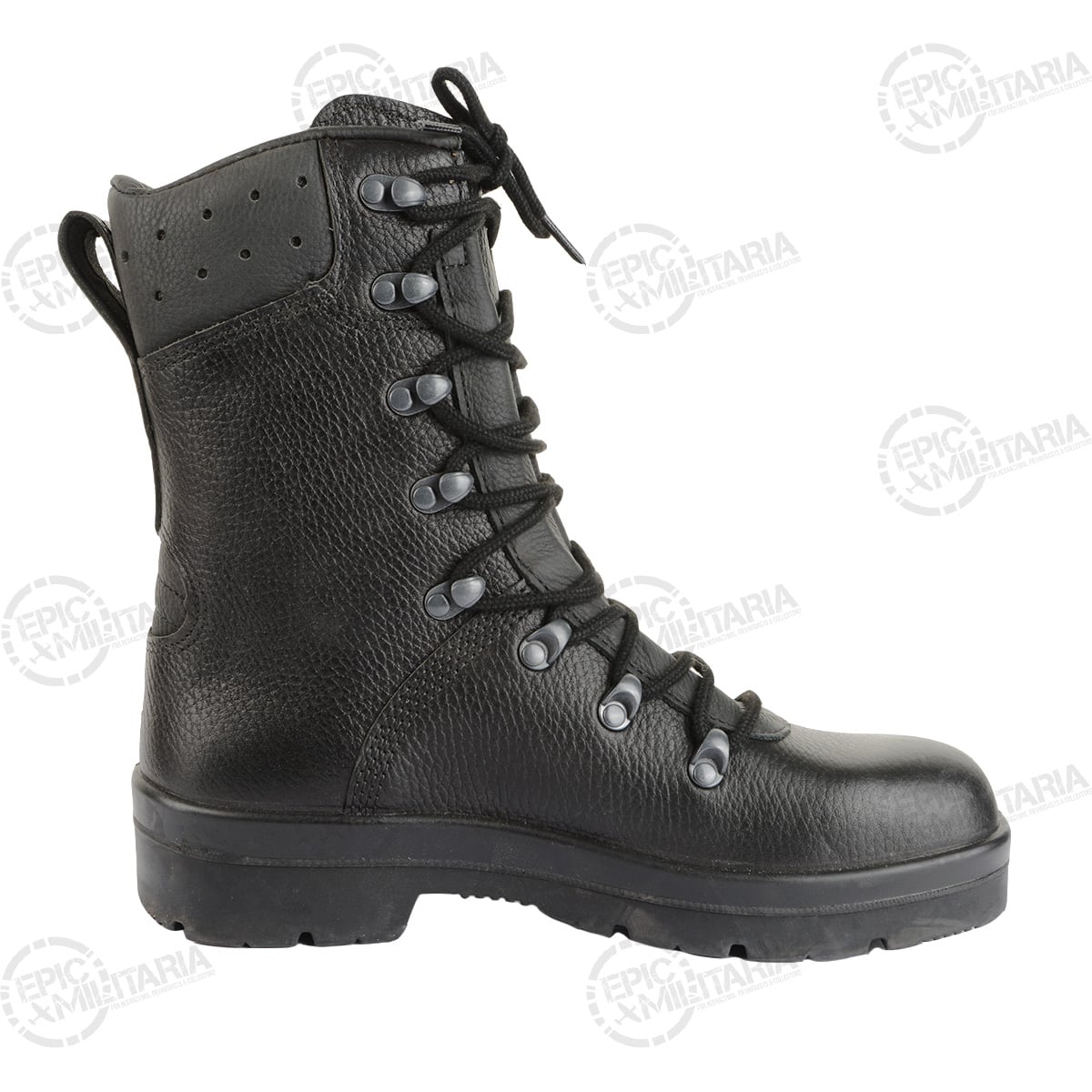 Outer side view of a black German Army combat boot showing the speed-lace hooks and high-cut ankle support.