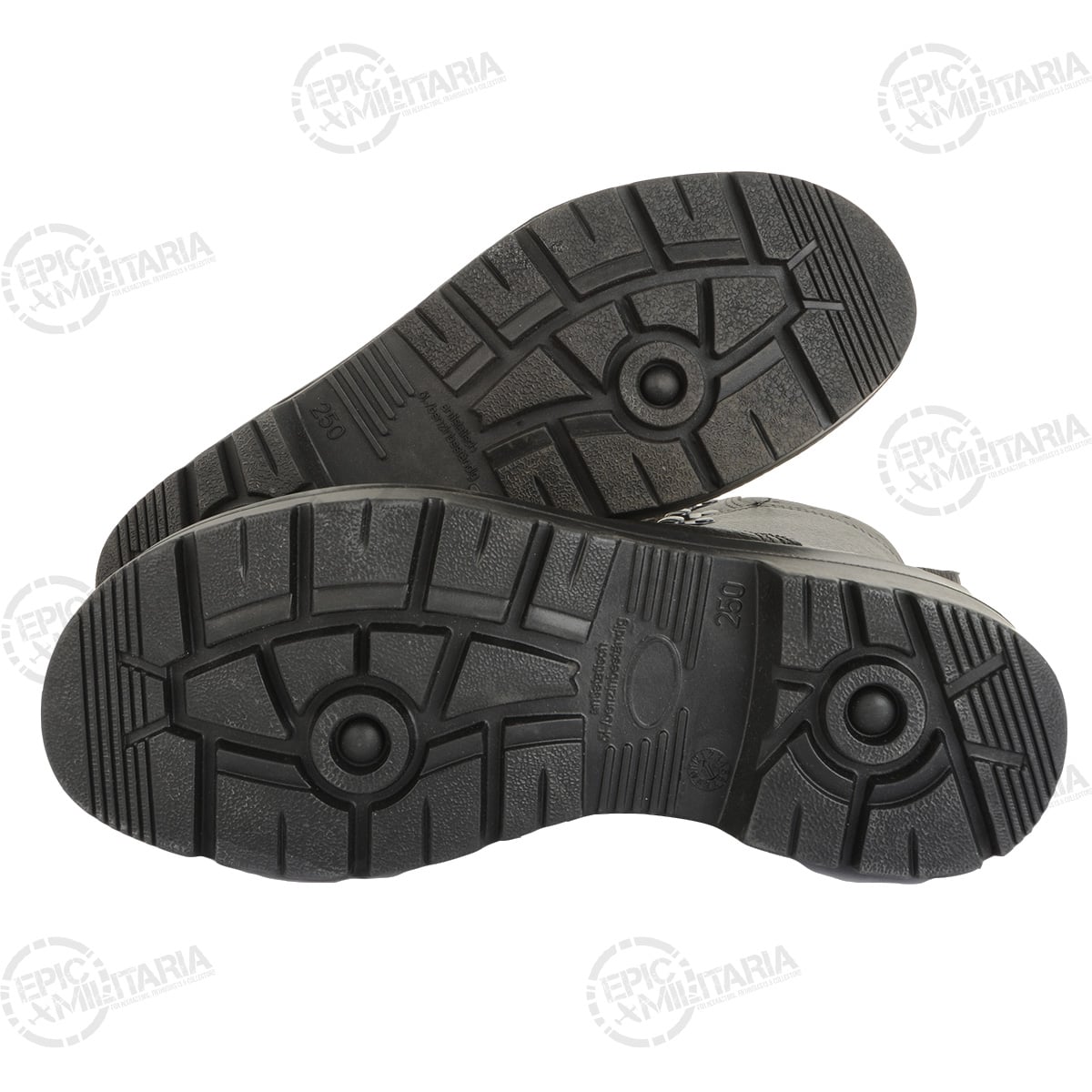 Close-up of the non-slip and oil-resistant moulded rubber soles of German Army combat boots.