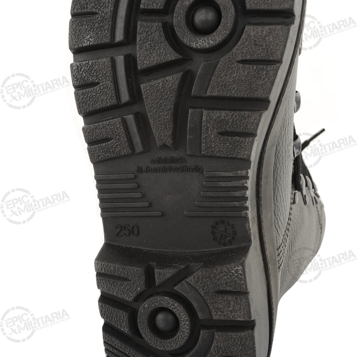 Detailed view of the boot sole markings showing antistatic and oil-resistant properties.