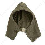 Authentic WWII US Army M43 field jacket hood in olive drab cotton with adjustable drawstring and button attachment points.