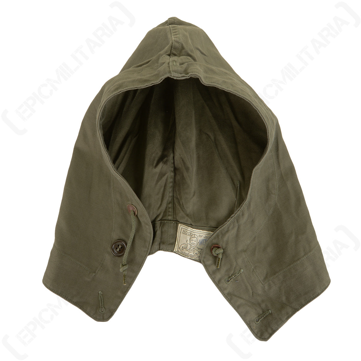 Authentic WWII US Army M43 field jacket hood in olive drab cotton with adjustable drawstring and button attachment points.