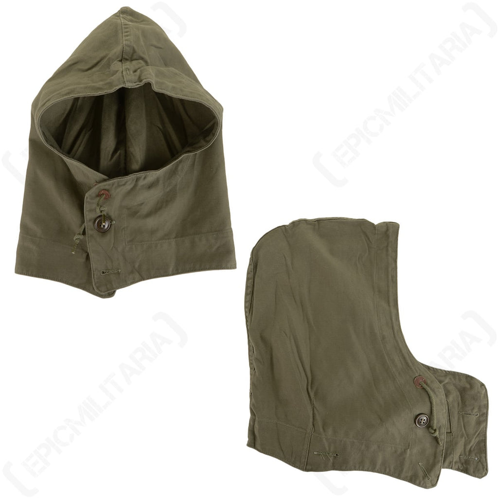 Pair of original vintage M43 military surplus hoods showing the front adjustable face opening and side profile attachment details.