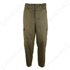 Full front view of genuine Austrian Army M75 field trousers in RAL 7013 stone grey-olive, featuring a straight-leg profile.