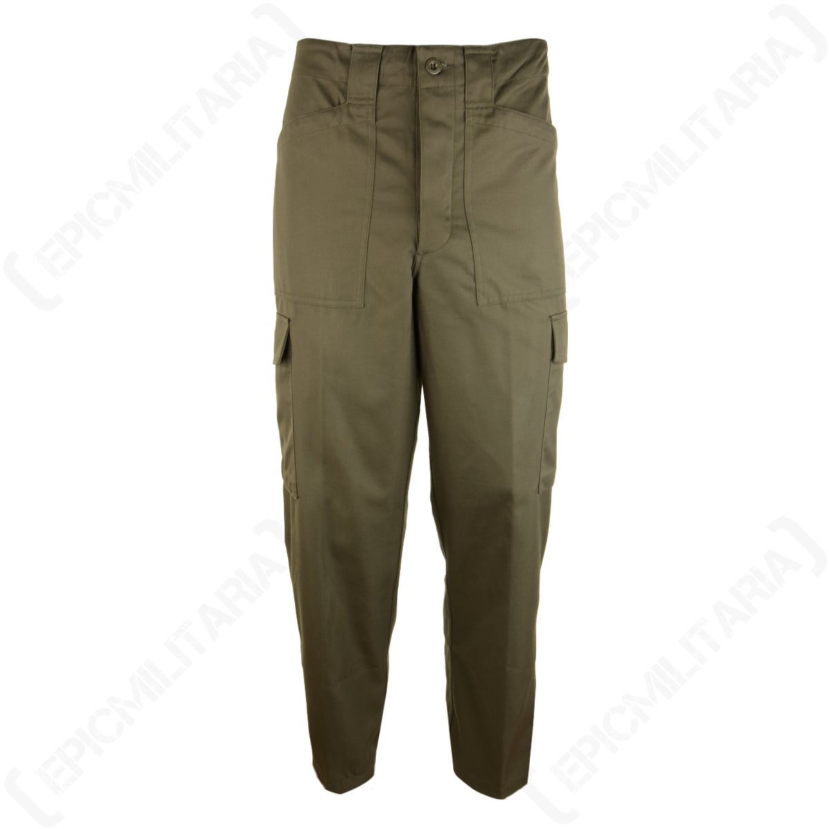Full front view of genuine Austrian Army M75 field trousers in RAL 7013 stone grey-olive, featuring a straight-leg profile.