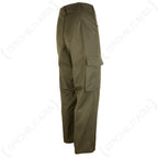 Rear three-quarter angle view of the military surplus M75 trousers highlighting the durable construction and stone grey-olive fabric.